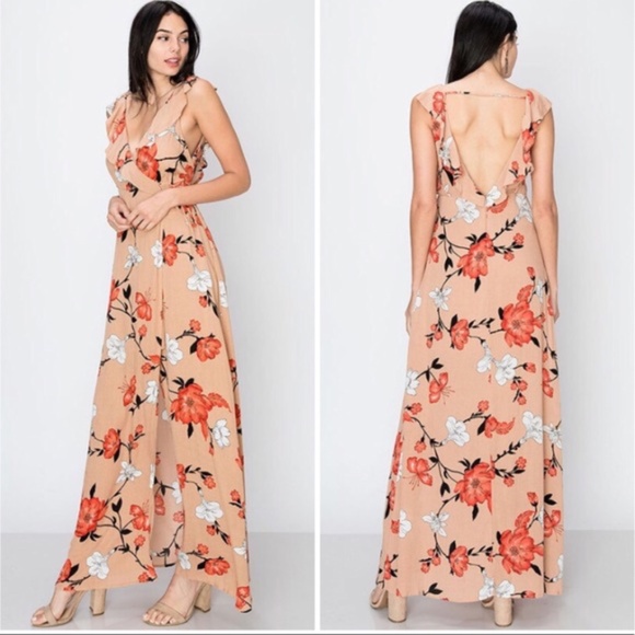 CLEARANCE Taupe Deep V Faux Wrap Floral Open Back Dress - Picture 4 of 7